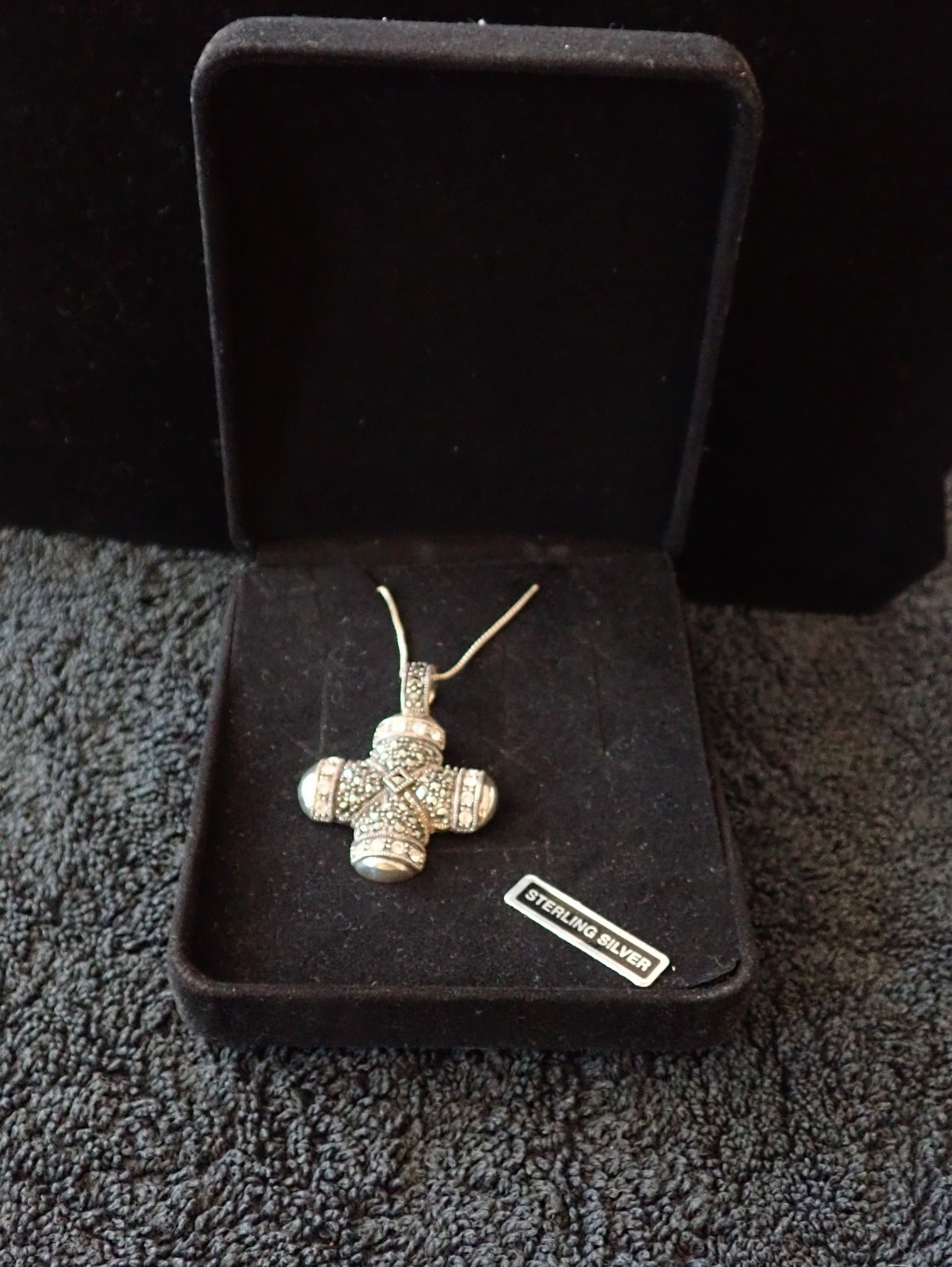 Thailand Sterling Silver Marcasite & CZ Cross Necklace w/ 18” 925 Italy Chain
