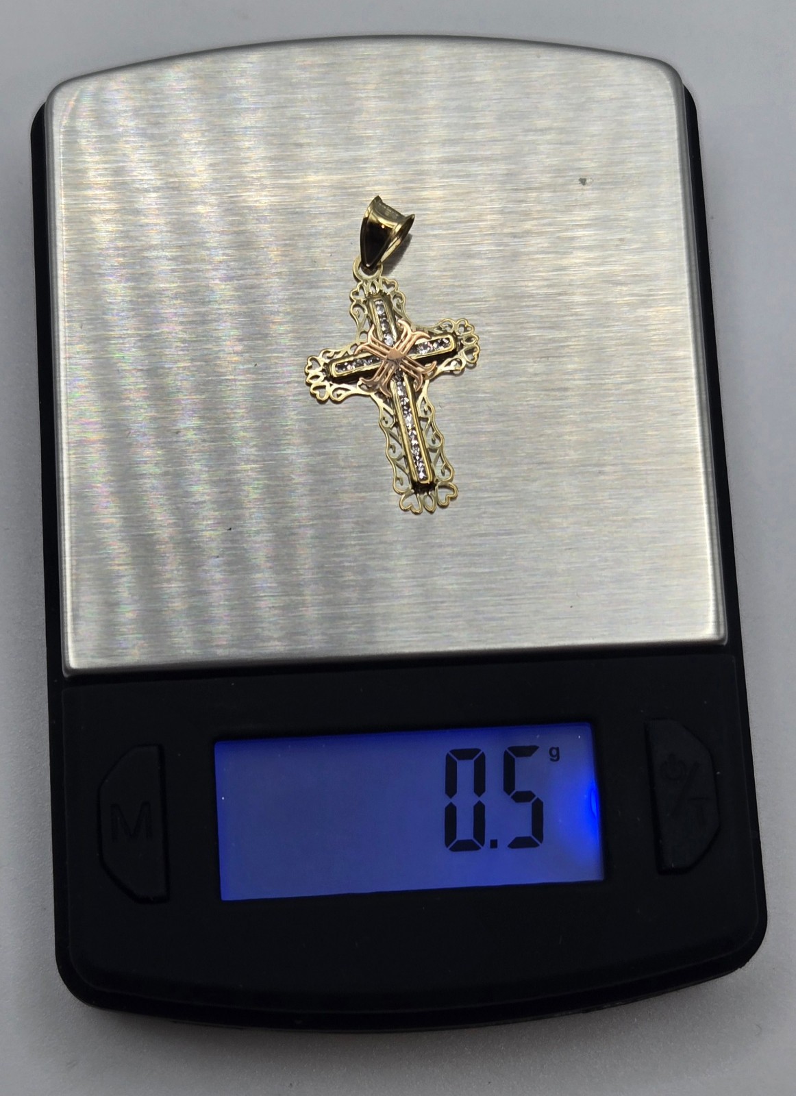NEW Real 10K Yellow Gold 1in Cross Pendant, Pave CZ Stones, 3.5mm Bail