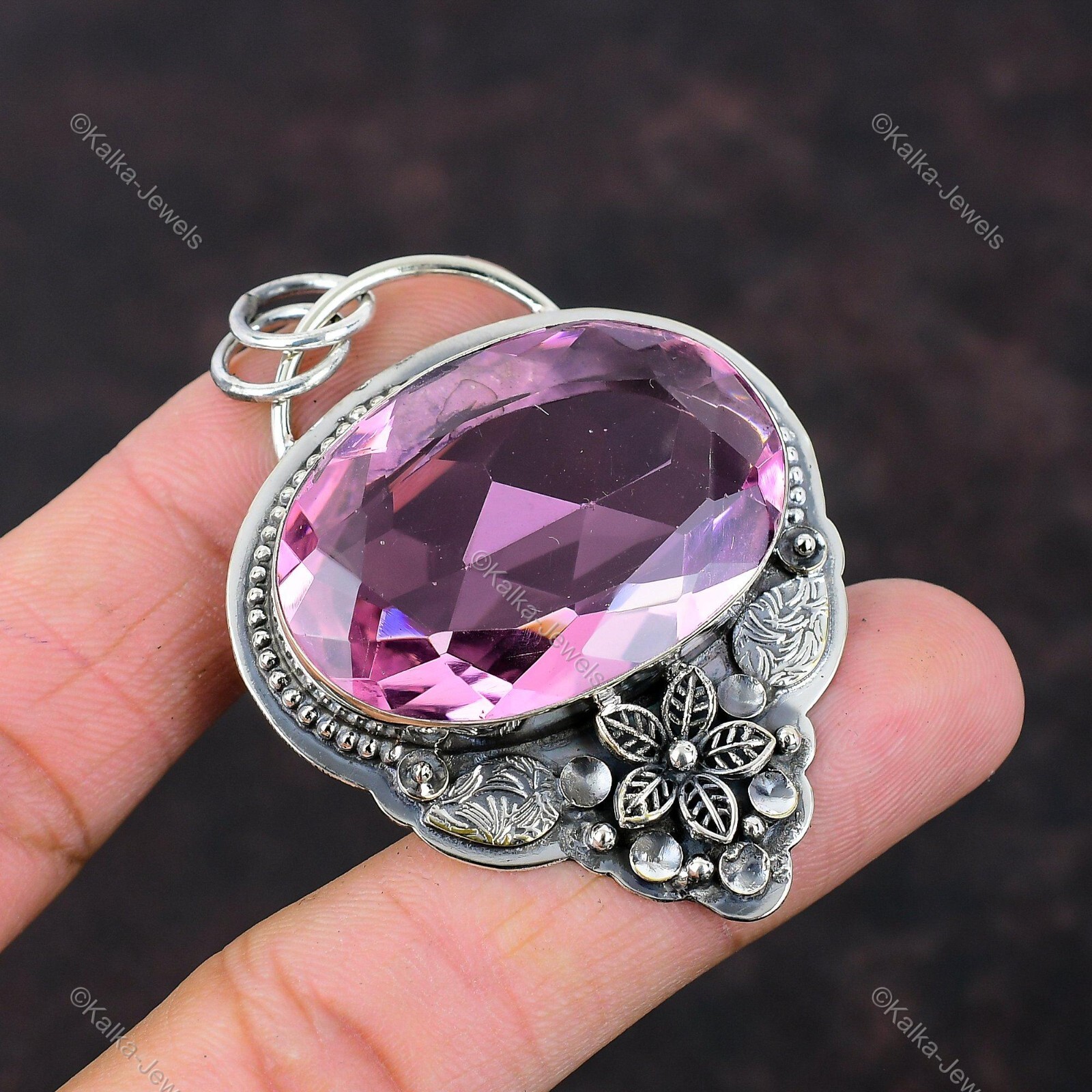 Faceted Pink Kunzite Pendant 925 Sterling Silver Gemstone Handmade Flower Pendan