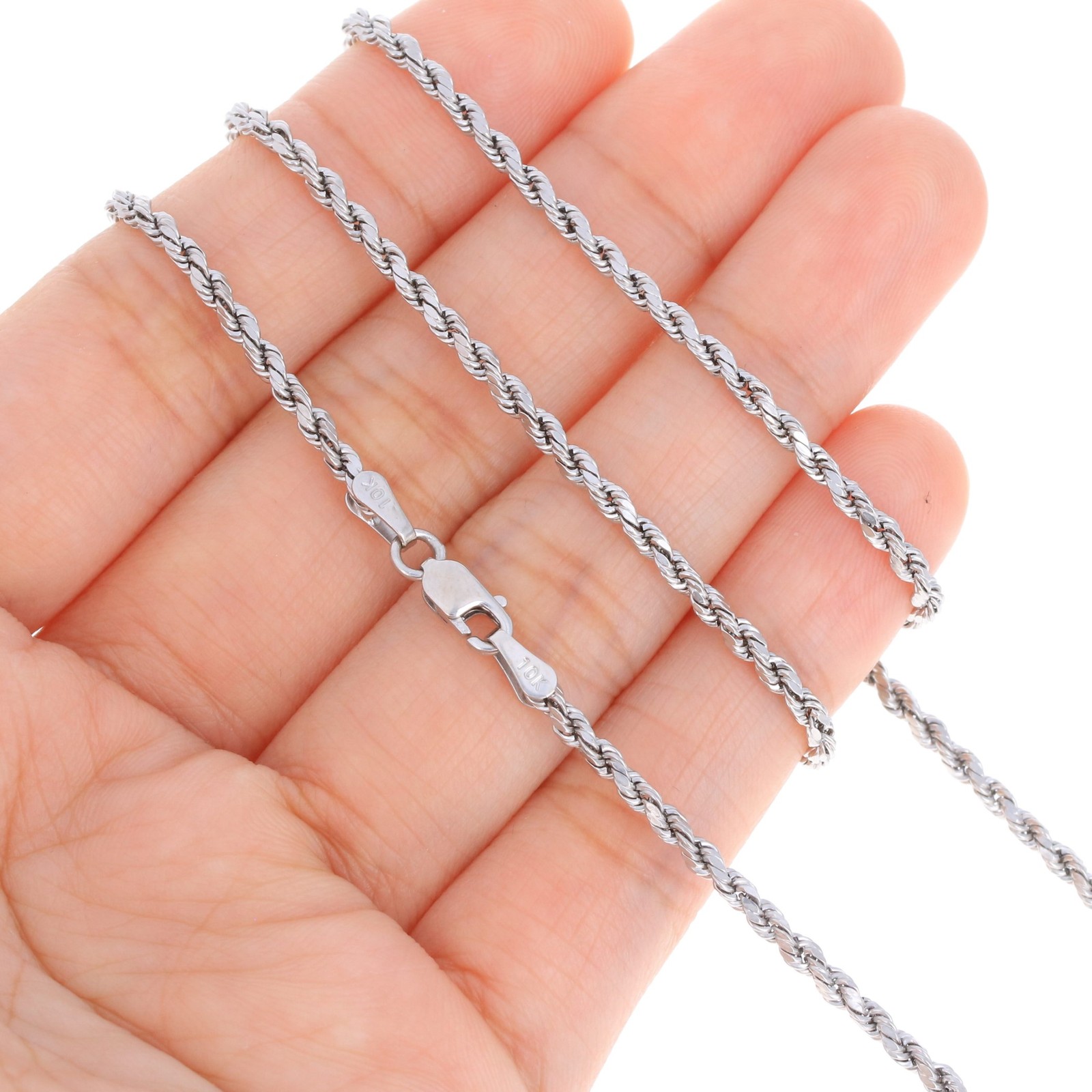 10K White Gold 1.5mm-6mm Diamond Cut Solid Rope Chain Pendant Necklace 16″- 30″