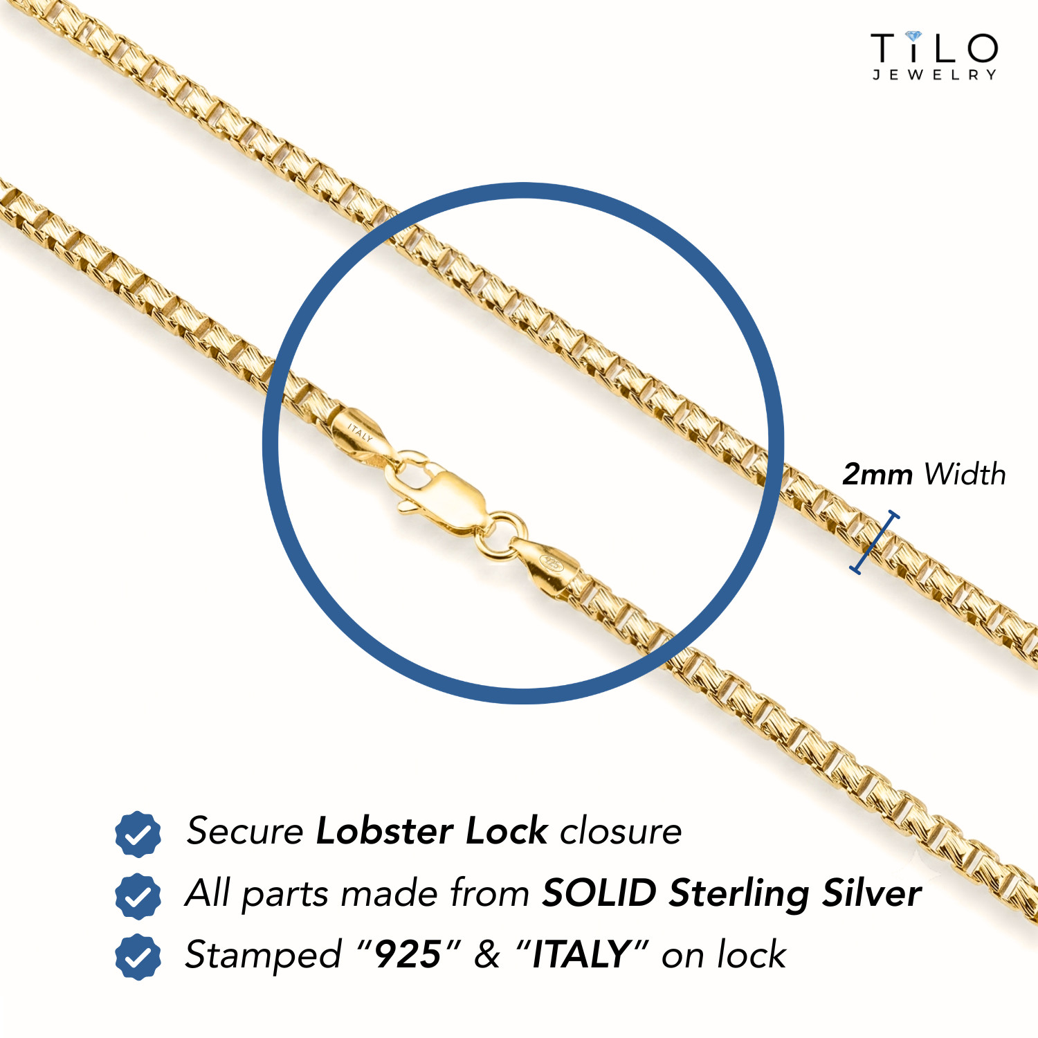 Gold 2mm Diamond-Cut Box Chain Italian Necklace 16″-22″ 925 Sterling Silver