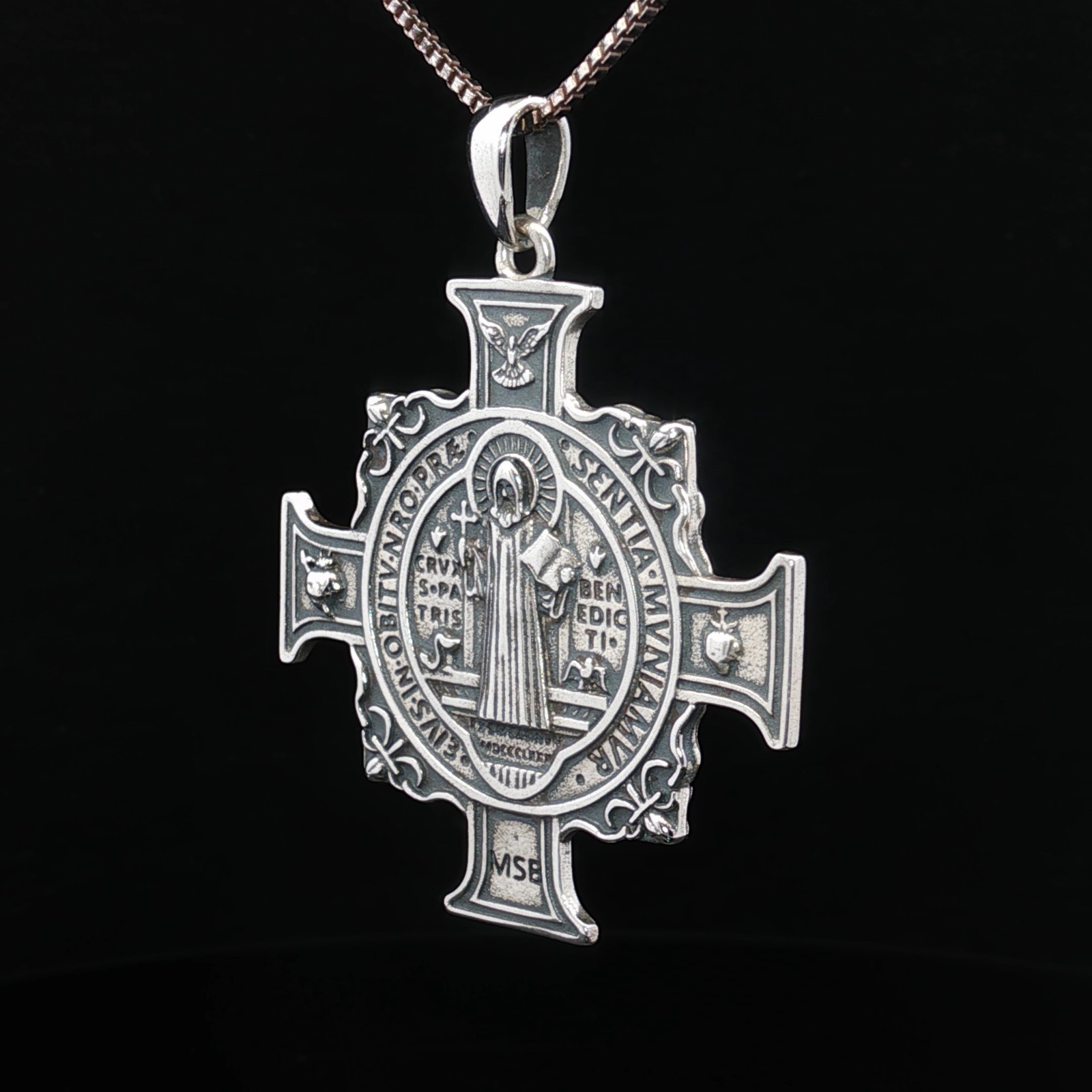 925 Sterling Silver Saint Benedict Two-Sided Cross Necklace