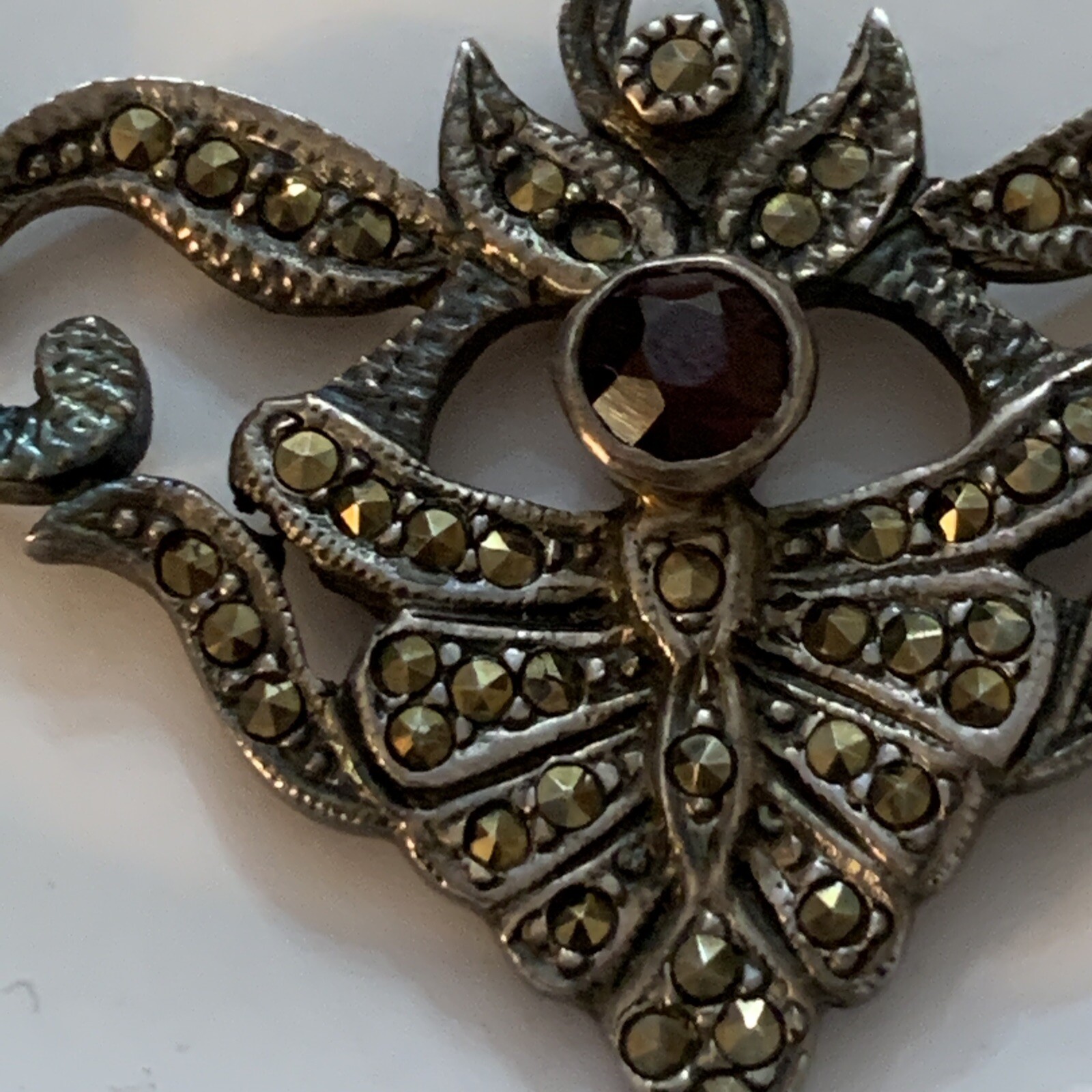ART DECO 925 STERLING SILVER GARNET MARCASITE FOLIATE DROP LINK SCROLL NECKLACE