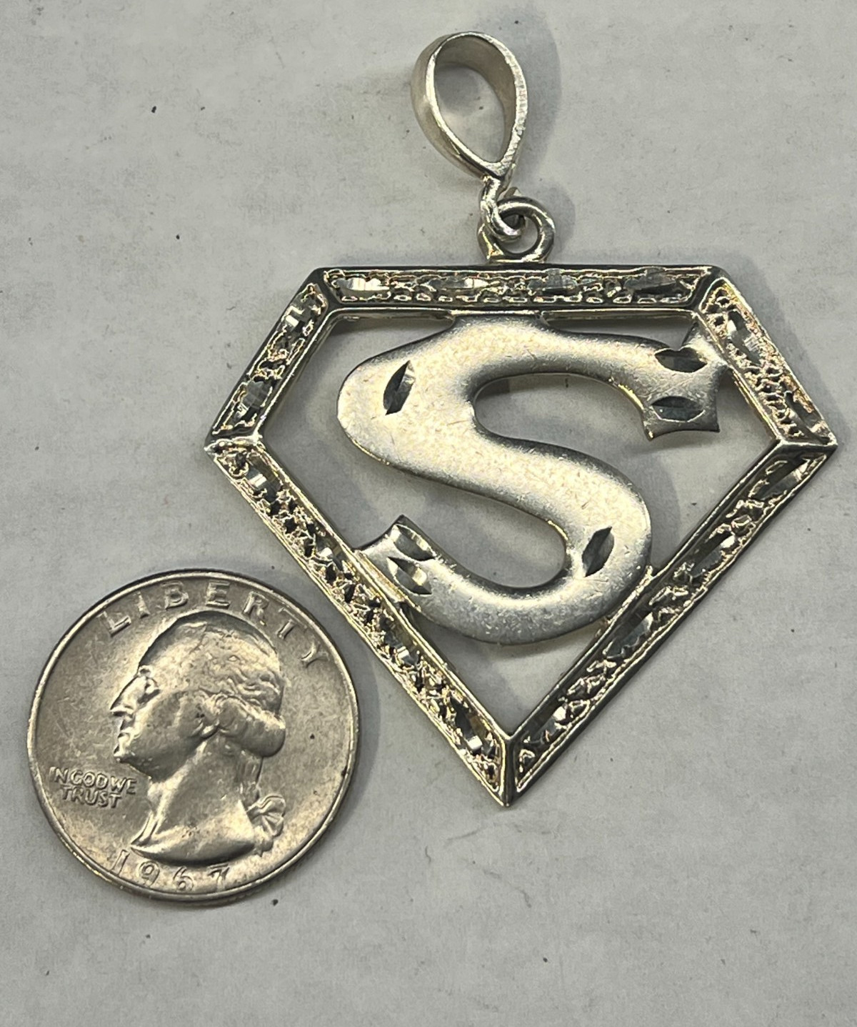 Sterling Silver Diamond-Cut Superman Logo Pendant S Super Hero Comics 2.25″ Long