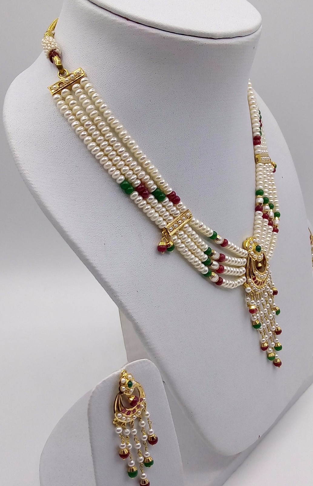 INDIAN BRIDAL GOLD PENDANT SET WITH EARRING SET RUBY EMERALD BEADED NECKLACE SET
