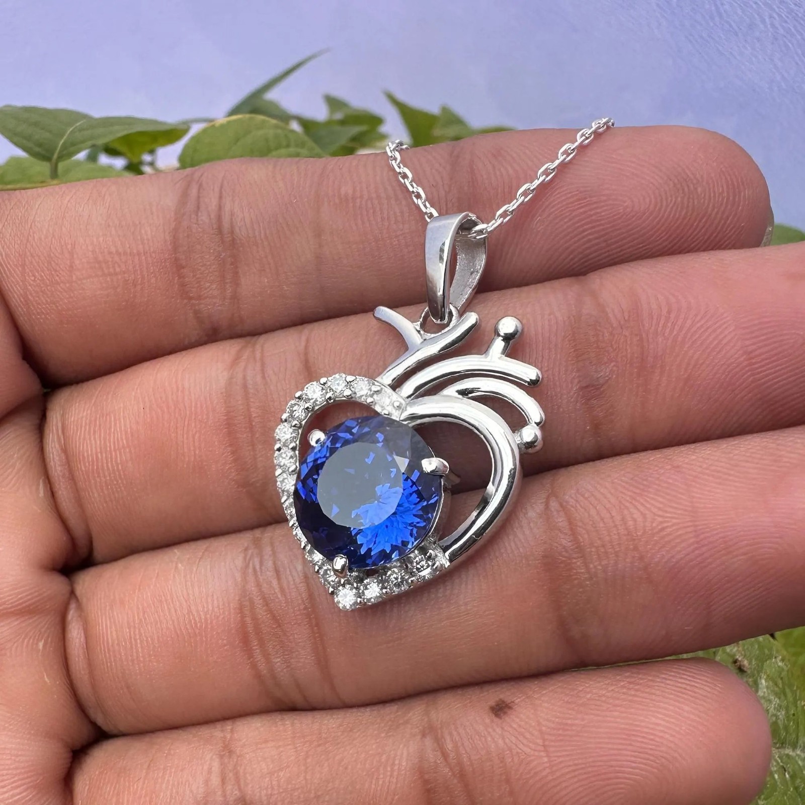 Certified Blue Sapphire 29 Ct Heart Pendant Necklace 925 Sterling Silver