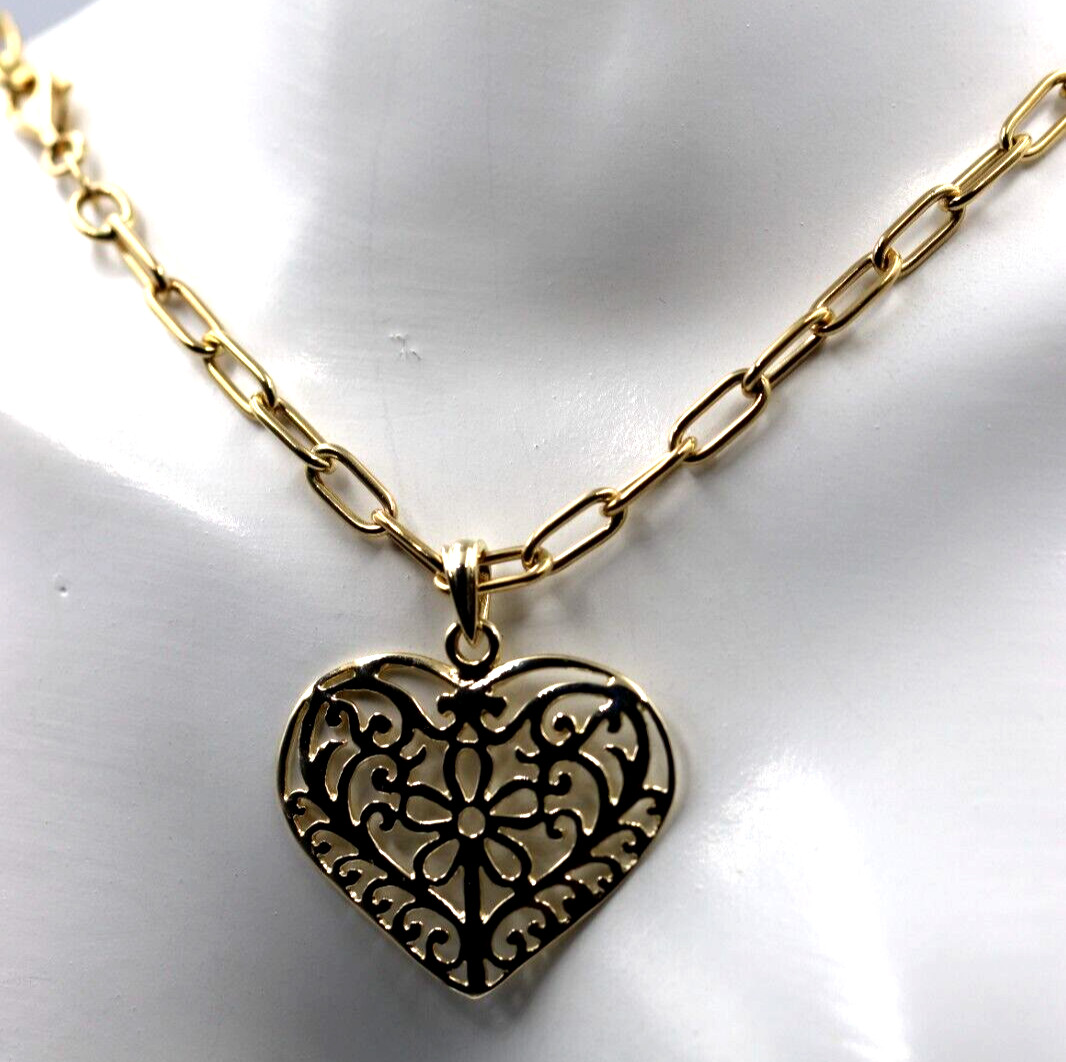 Genuine 9ct Yellow Gold Handmade Paper Clip 45cm Chain + Heart Pendant