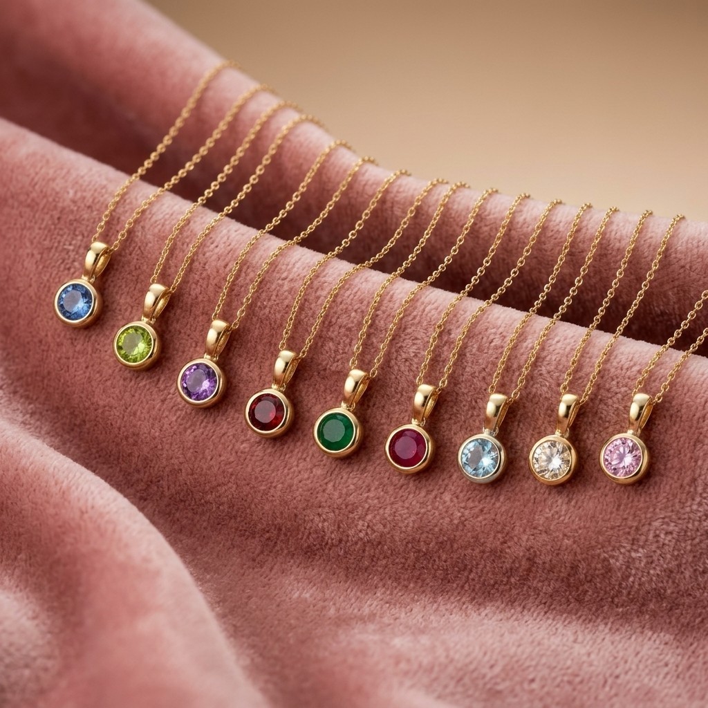Gold Birthstone Necklace 925 Sterling Silver Bezel Pendant Gift