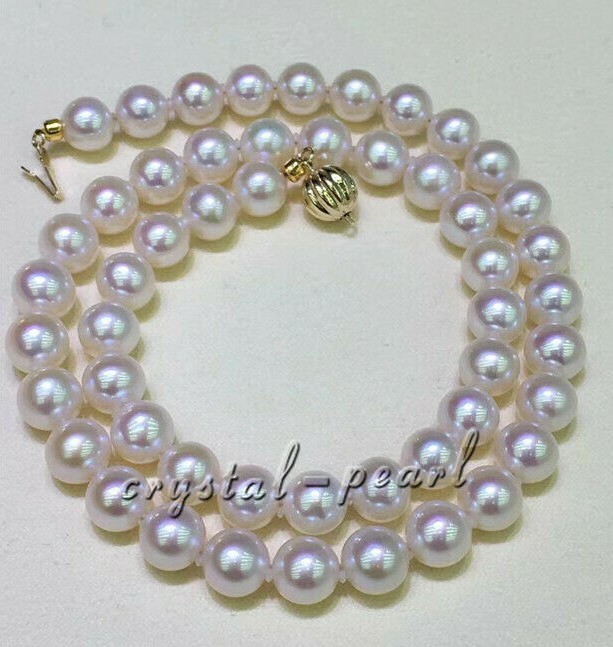 AAAAA 18″ 9-8mm REAL NATURAL round south sea WHITE pearl necklace 18K gold CLASP