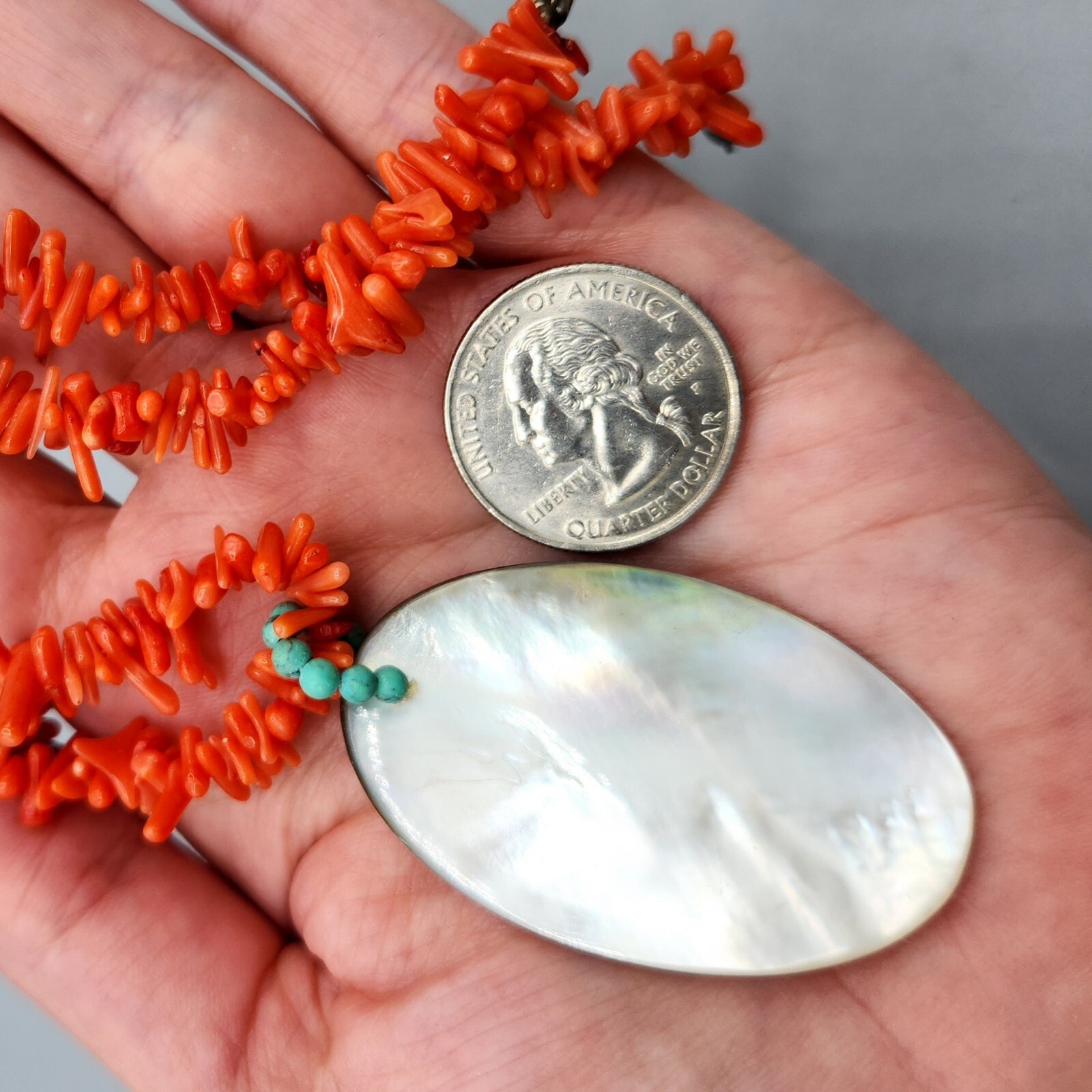 Red Branch Coral Turquoise Mother of Pearl Sterling Silver Necklace 16″ 25.7g