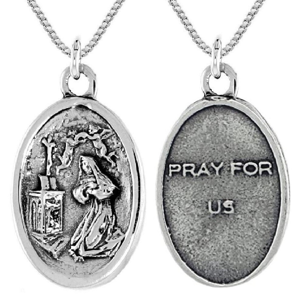Sterling Silver Mary Magdalene Oval-Shaped Medal Pendant / Charm, Box Chain