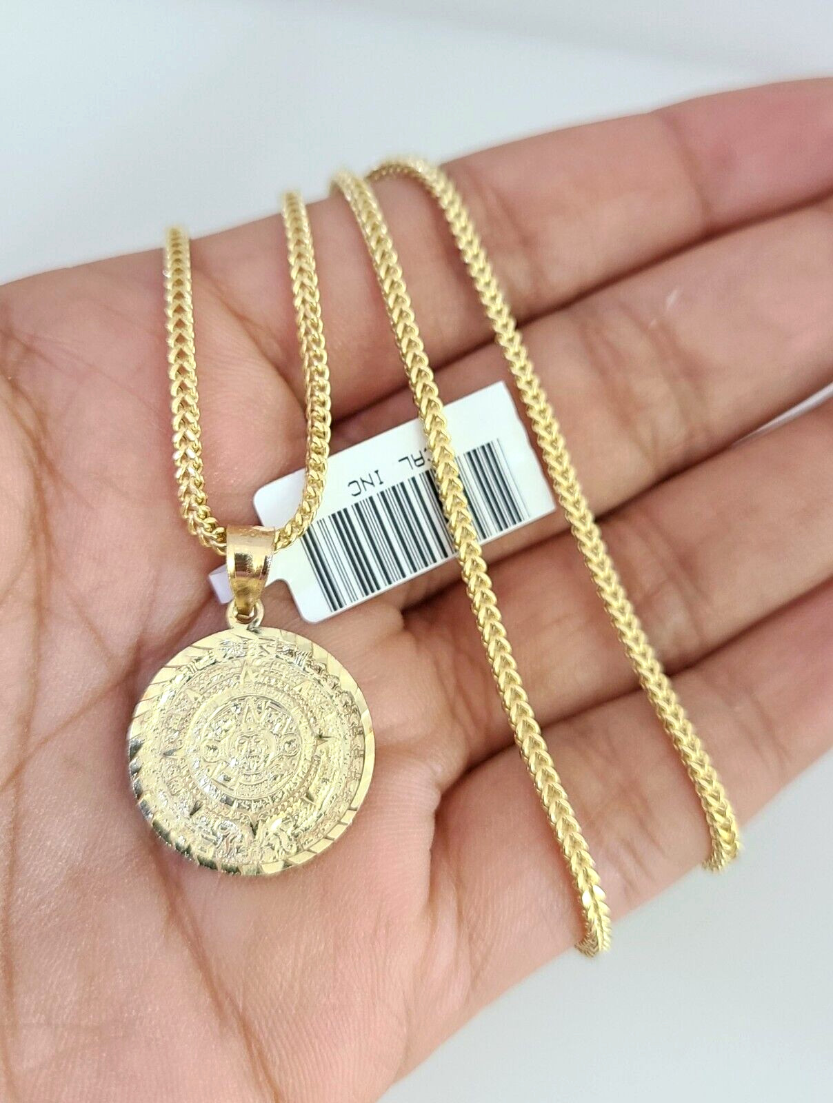 10k Gold Franco Chain Mayan Calendar Charm Pendant 2mm 18-24 Inches Necklace SET