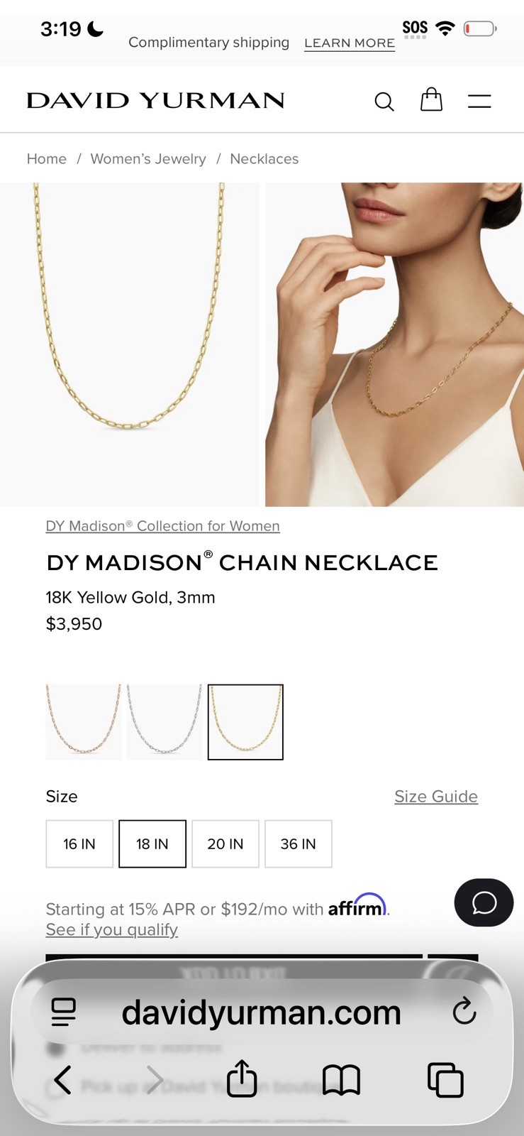 David Yurman 18K Gold Madison Necklace 3mm 18” Excellent $3950+