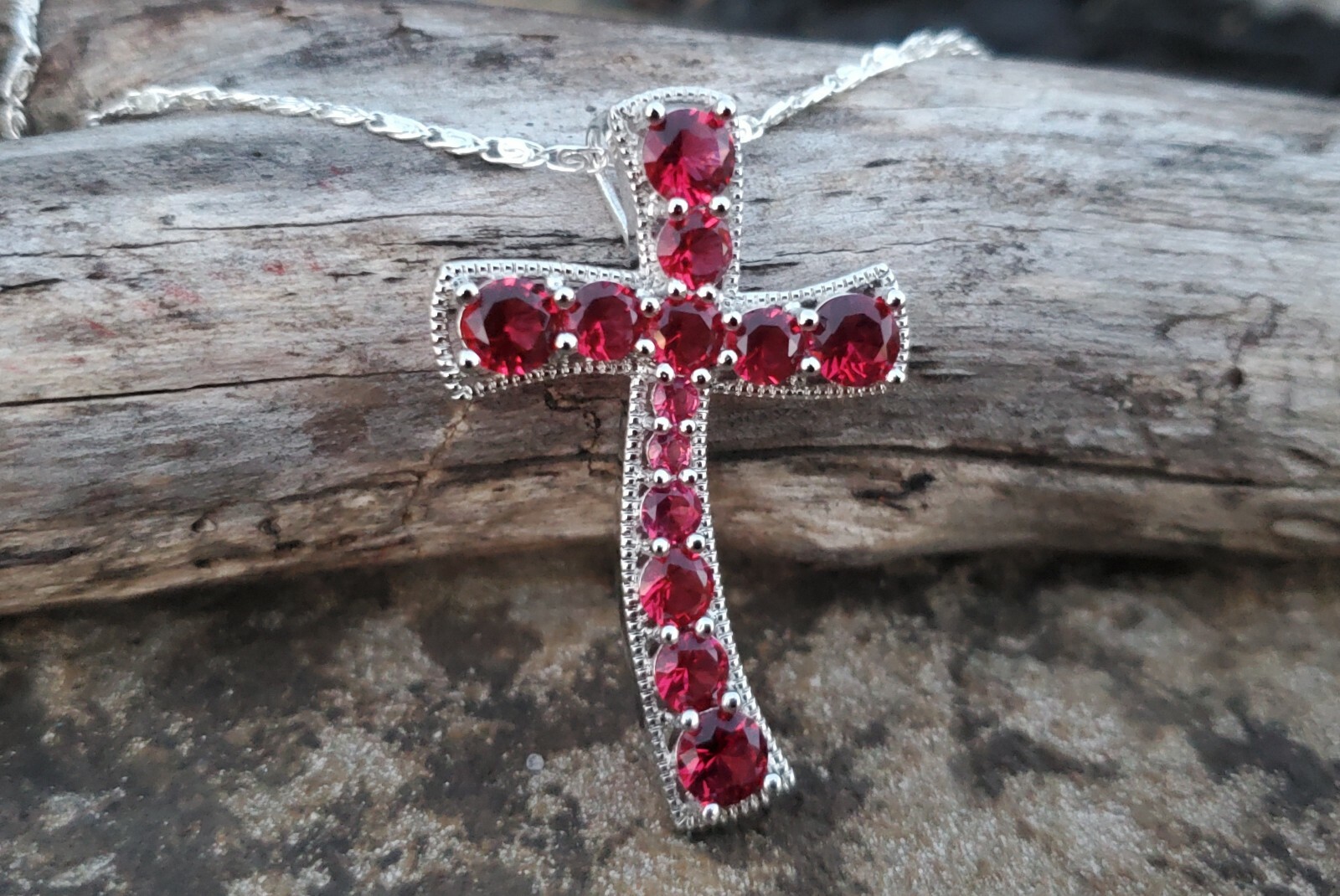 Sterling Silver 925 Raspberry Rhodolite Garnet Cross Pendant Chain Necklace NEW