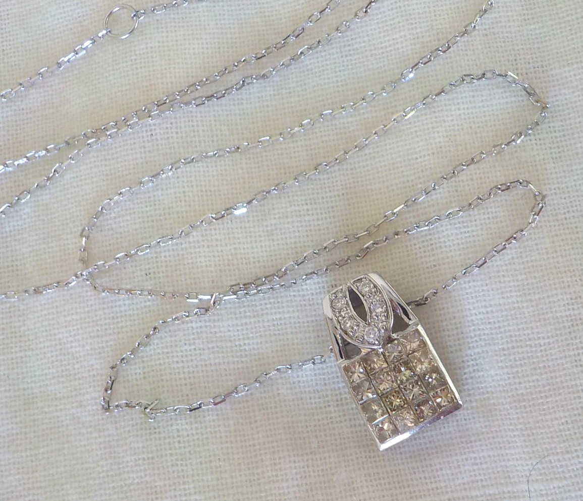 Pretty 18K White Gold Square Cluste Diamond Necklace – 2.64 gms, 17 in, 0.43 ctw
