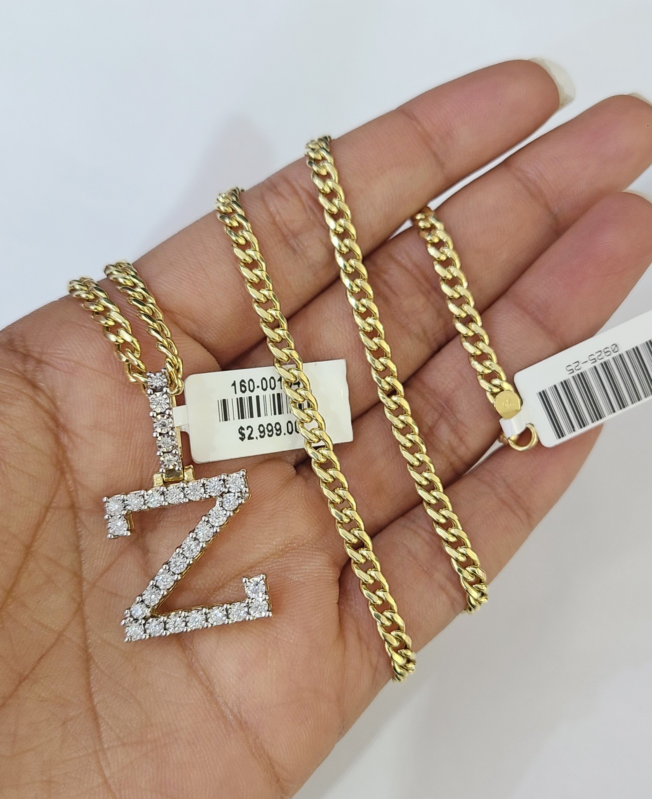 10K Gold Miami Cuban Chain Z Diamond Initial 20″-28″ 3mm Pendant Necklace SET