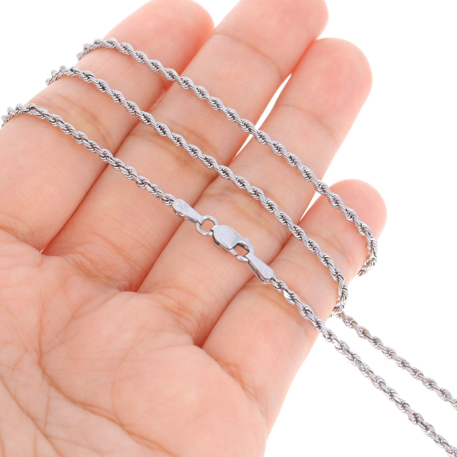 10K White Gold 1.5mm-6mm Diamond Cut Solid Rope Chain Pendant Necklace 16″- 30″