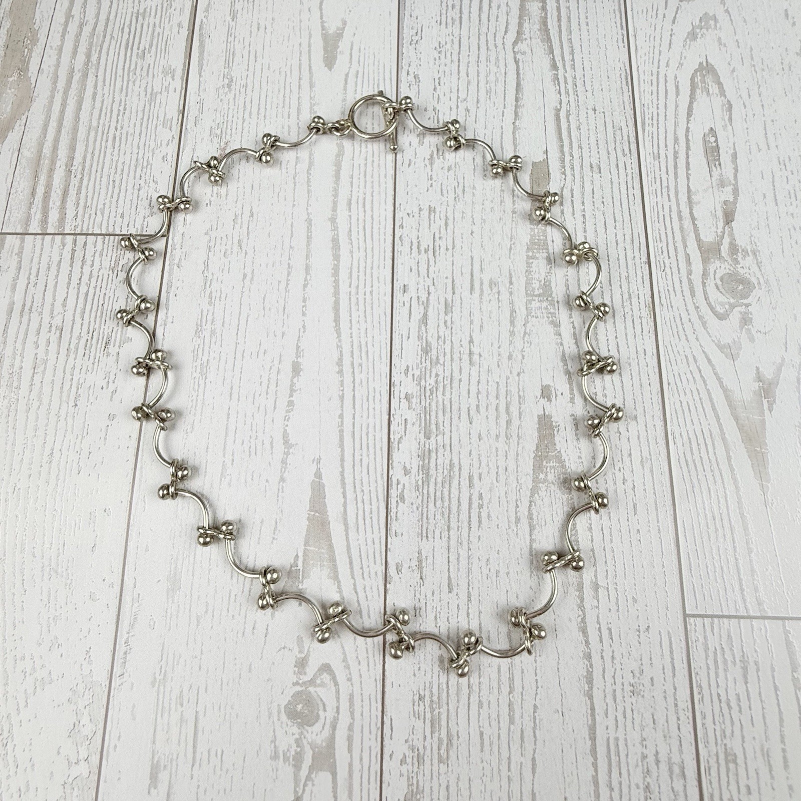 Sterling Silver 925 Curved Bar & Ball Link Necklace Modernist Toggle Clasp 33+g