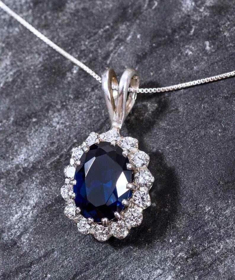 3.ct Natural Sapphire & Diamond Pendant Cocktail 14k Solid White Gold NO CHAIN