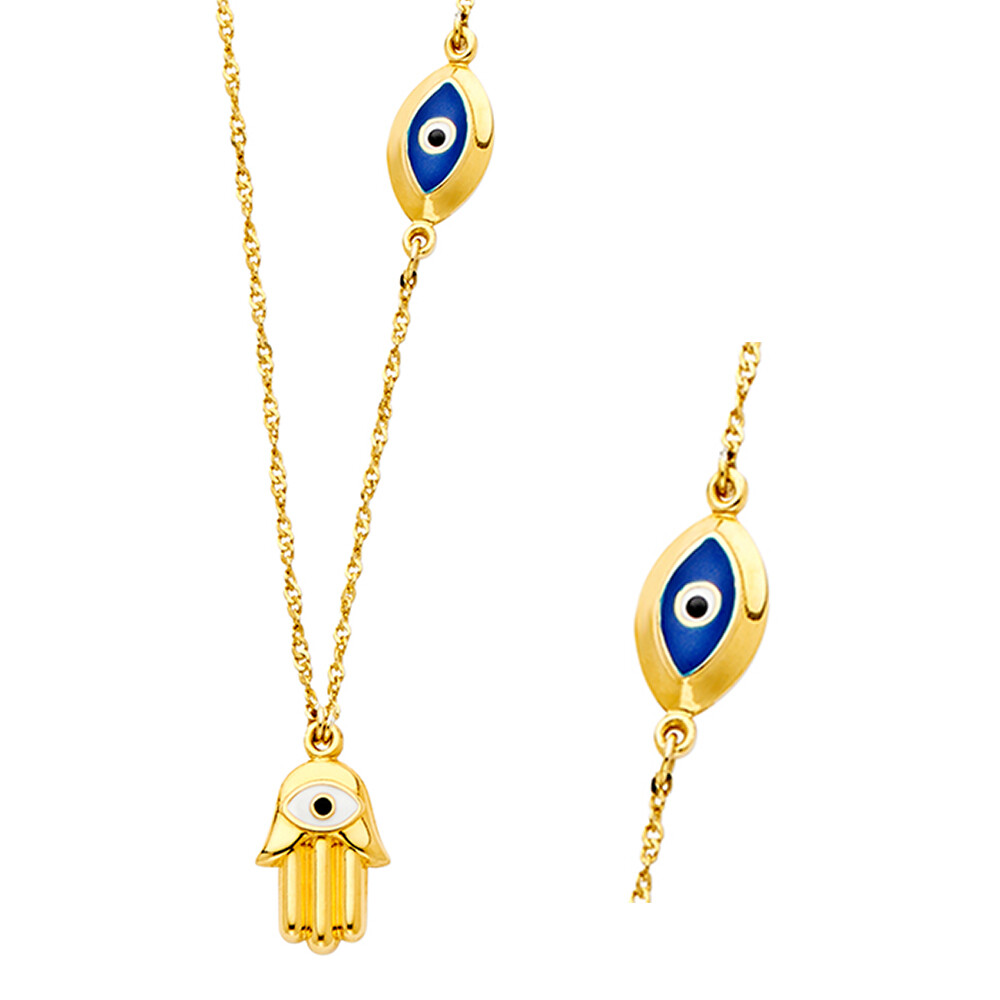 GOLD – 14K Yellow Gold Hamsa + Evil Eye Necklace – 17+1″