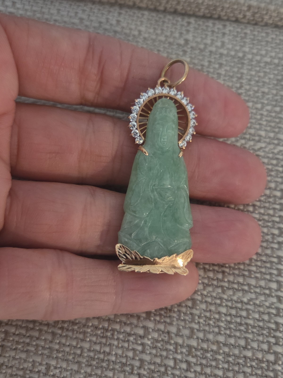 Higher Than 14K Solid Gold Guanyin Kwan Yin Female Buddha Jade Pendant