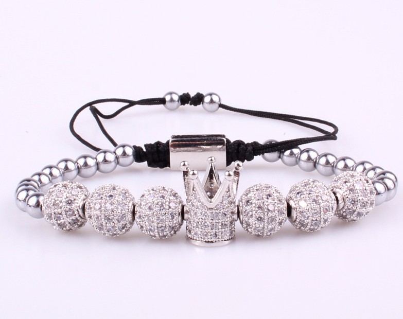 Silver Adjustable Beaded Bracelet Luxury Imperial Crown Men Fashion Jewelry Gift