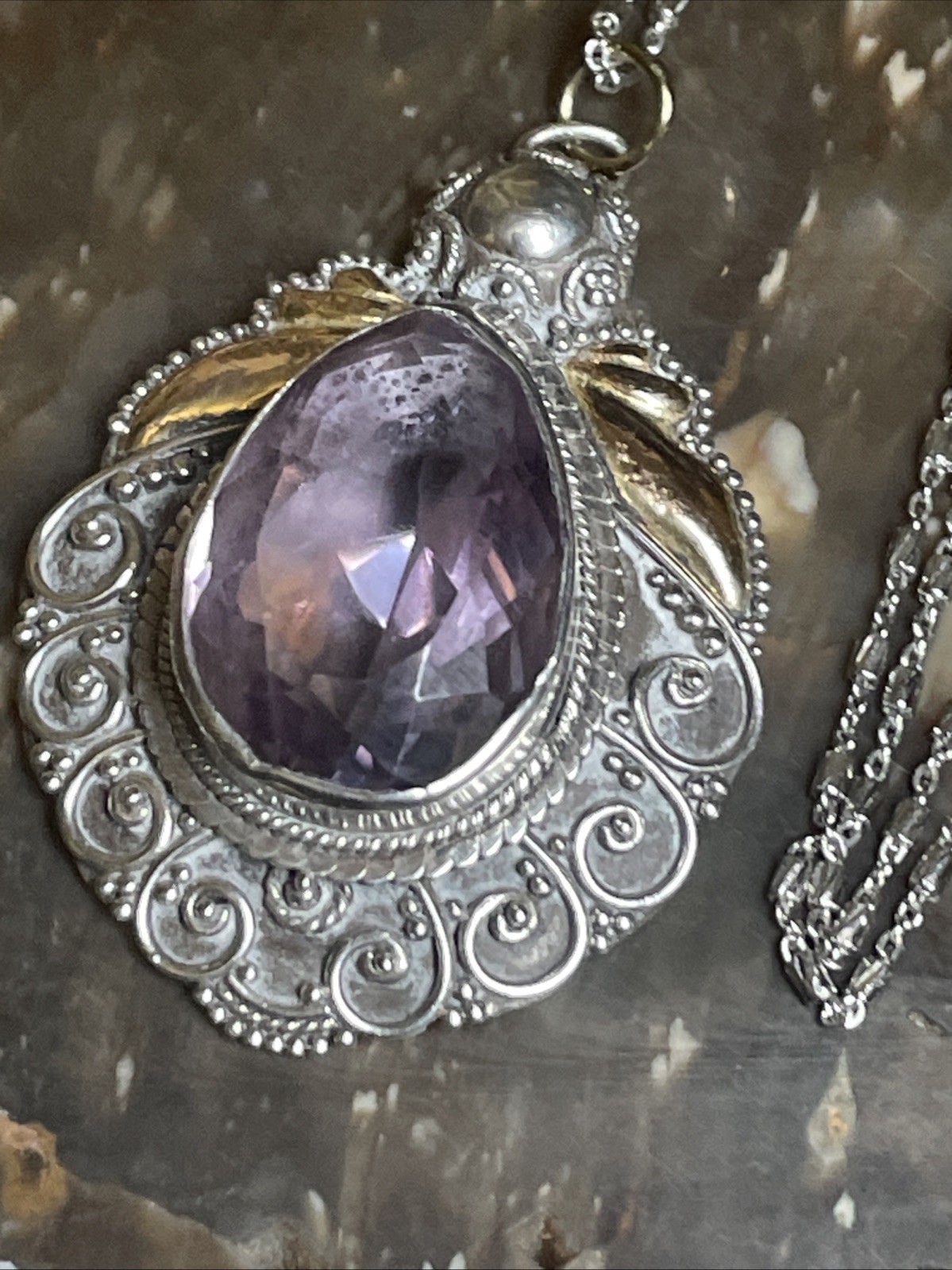 Faceted Amethyst And Sterling Silver Gold Accents Boho 23.5” Pendant Necklace