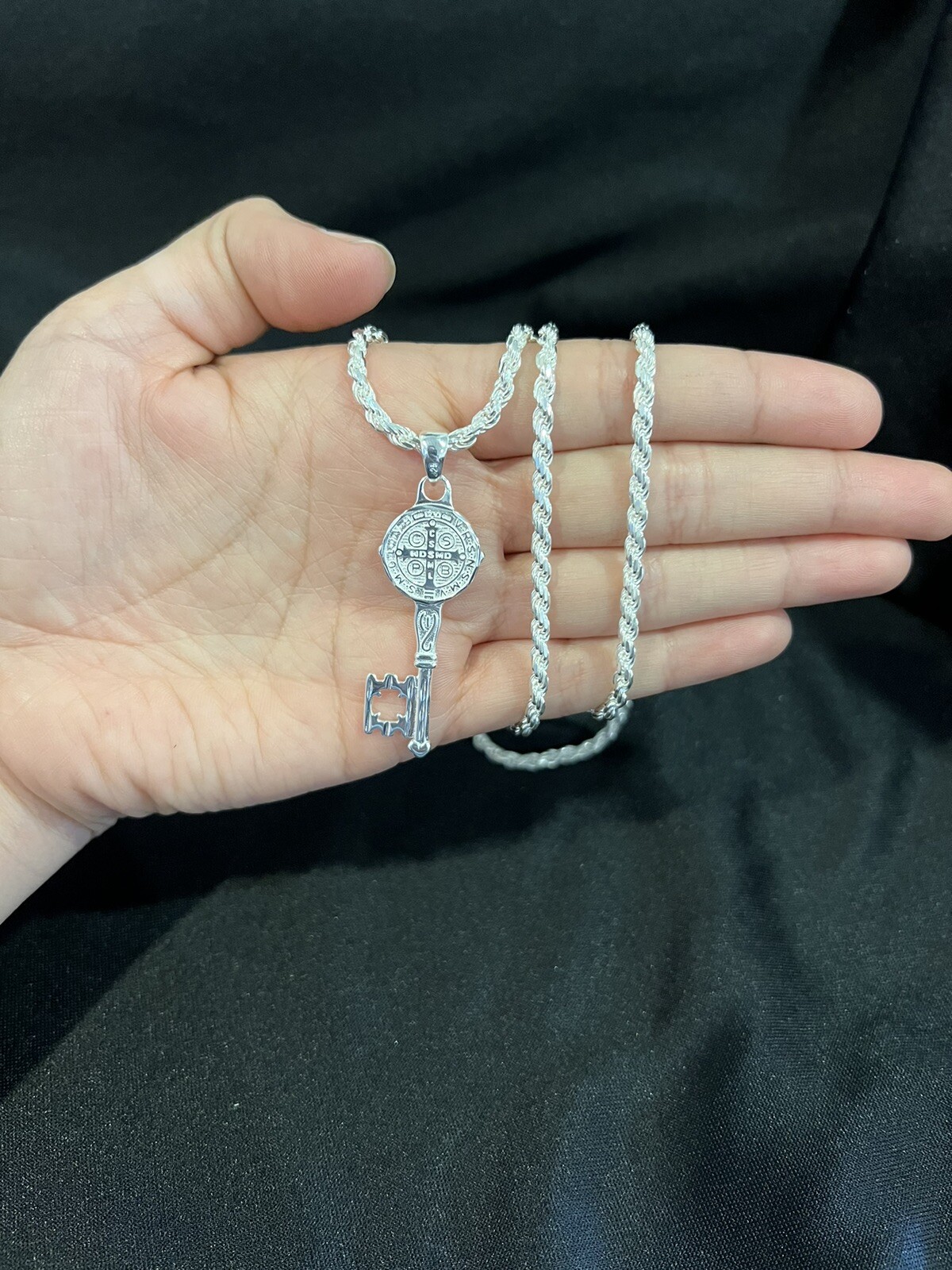 925 Sterling Silver Mens St Benedict Key San Benito Llave & Rope Chain 22 26 30