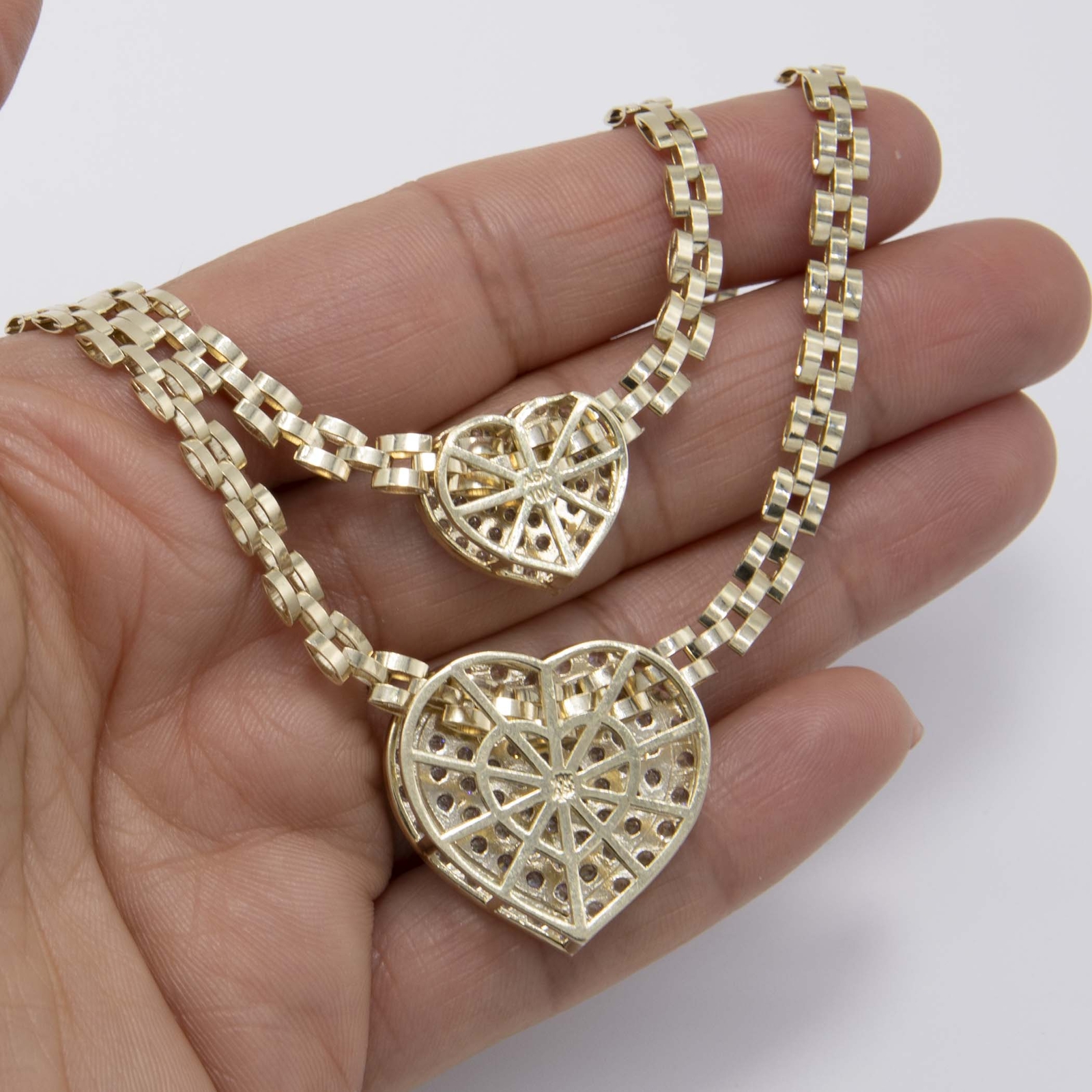 10K Yellow Gold Shiny Heart Rlx Railroad Chain Necklace All Sizes