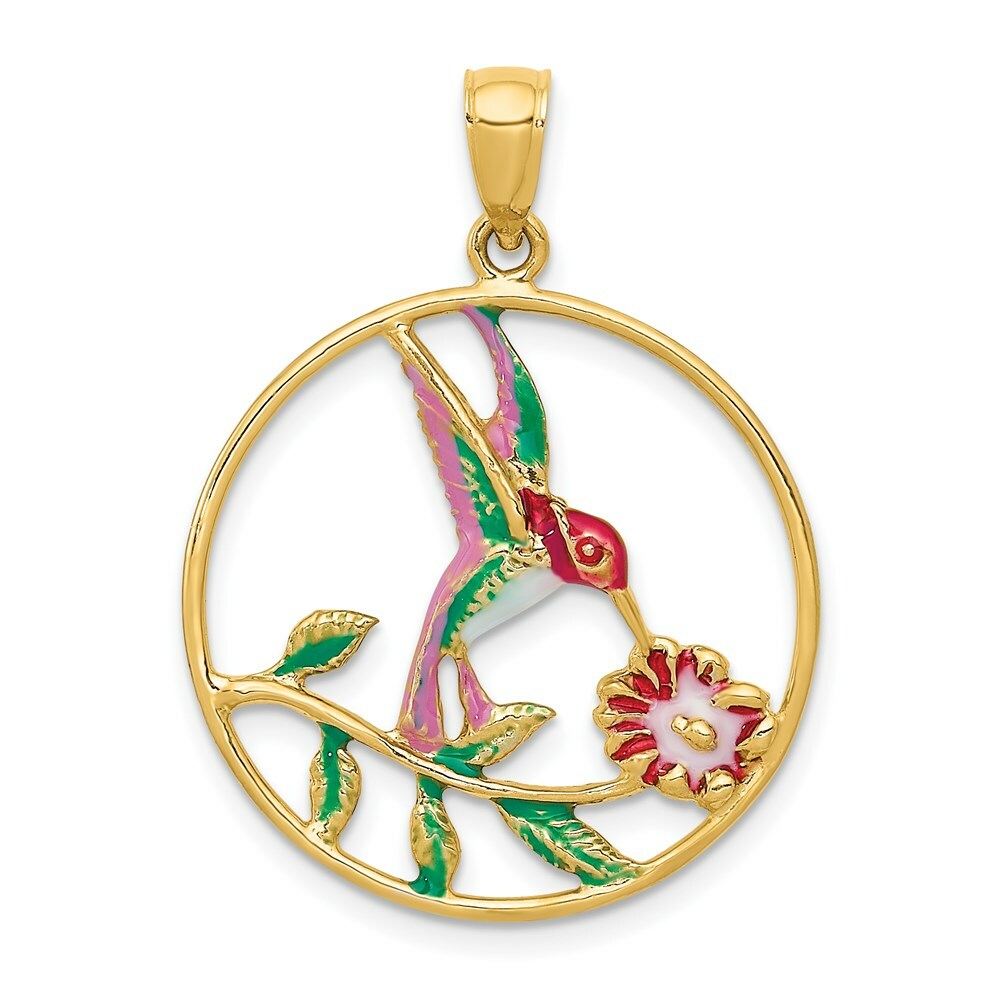 14k Yellow Gold Hummingbird & Flower in Circle Charm Pendant 1.22 Inch