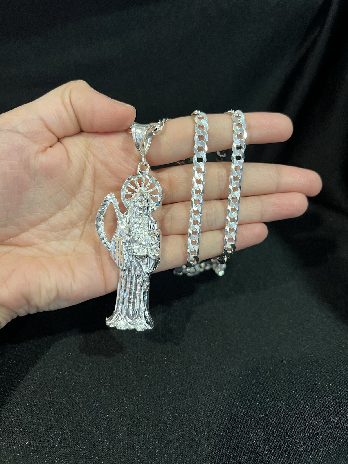 925 Sterling Silver BIG Men Women Santa Muerte Grim Reaper Curb Chain 20 26 30