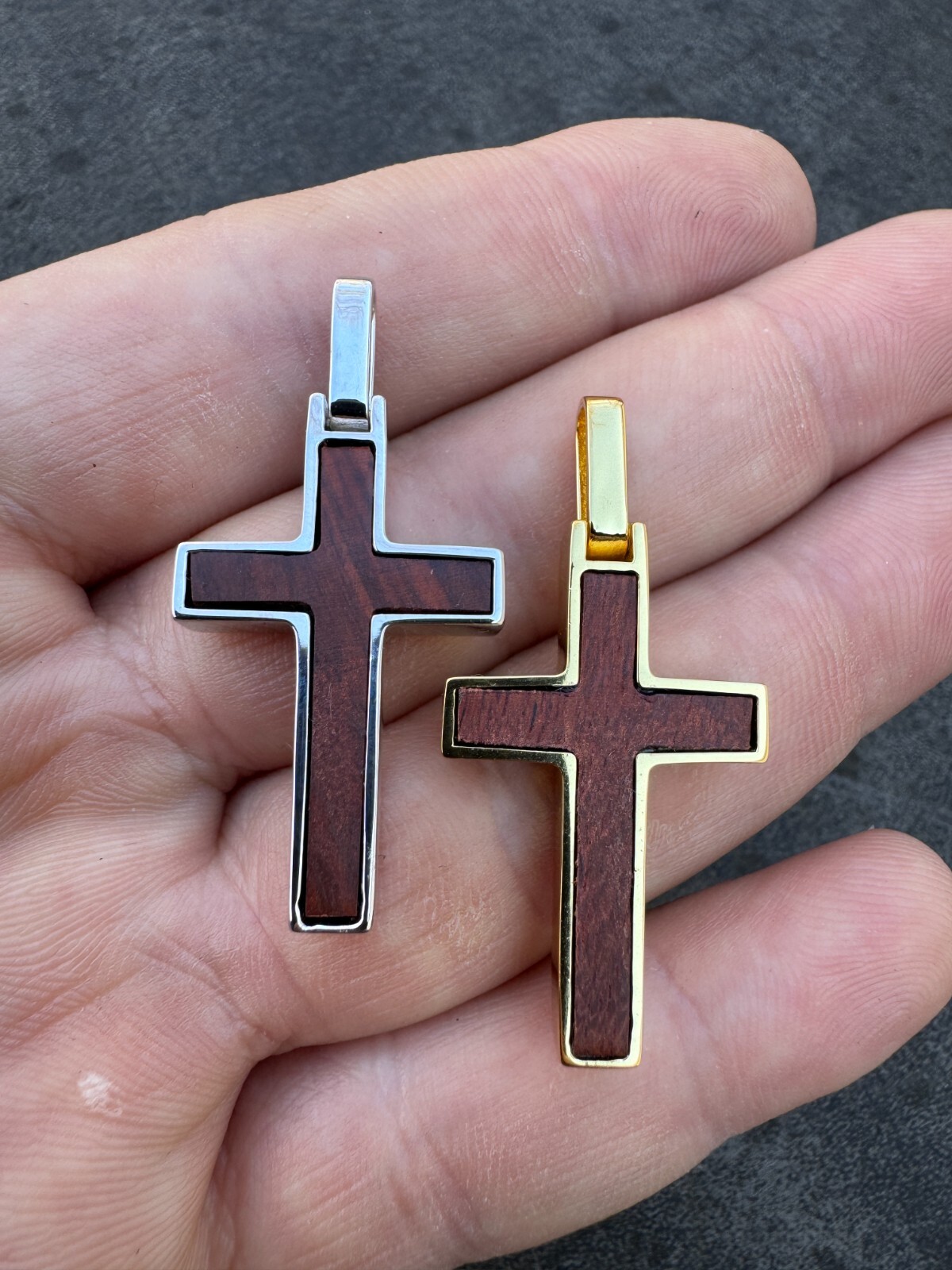Real 925 Silver & Wood Inlay Plain Religious Cross Pendant Necklace Handmade