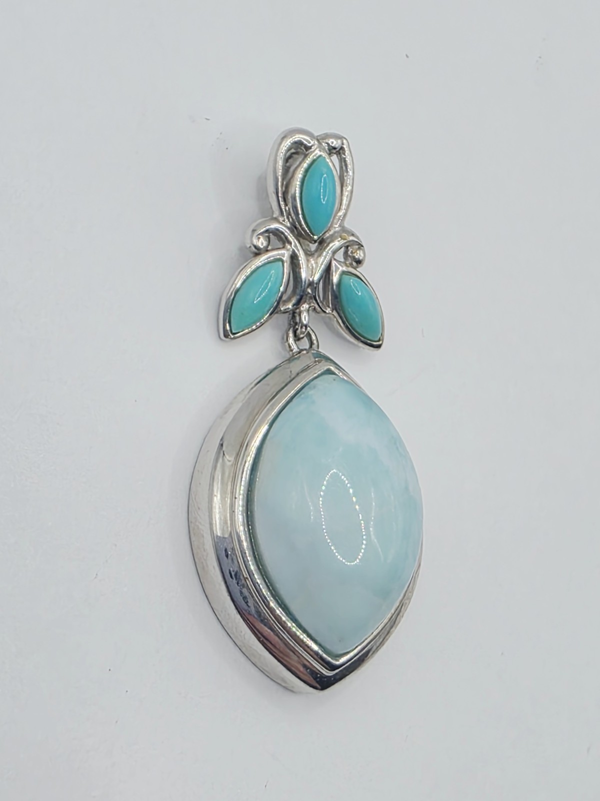 BBJ 925 Sterling Silver Larimar Pendant Thailand Blue Gemstone 9.2g Floral Leaf