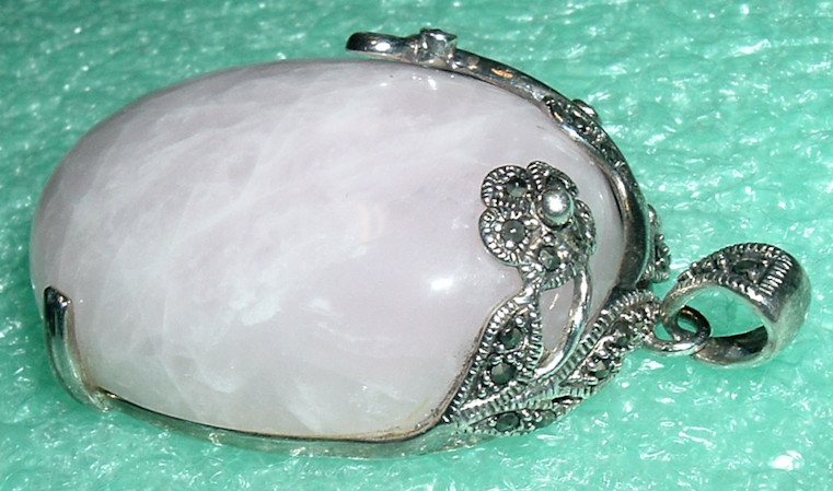 LARGE Vintage Rose QUARTZ & STERLING n MARCASITE Flowers PENDANT DROP *Fine