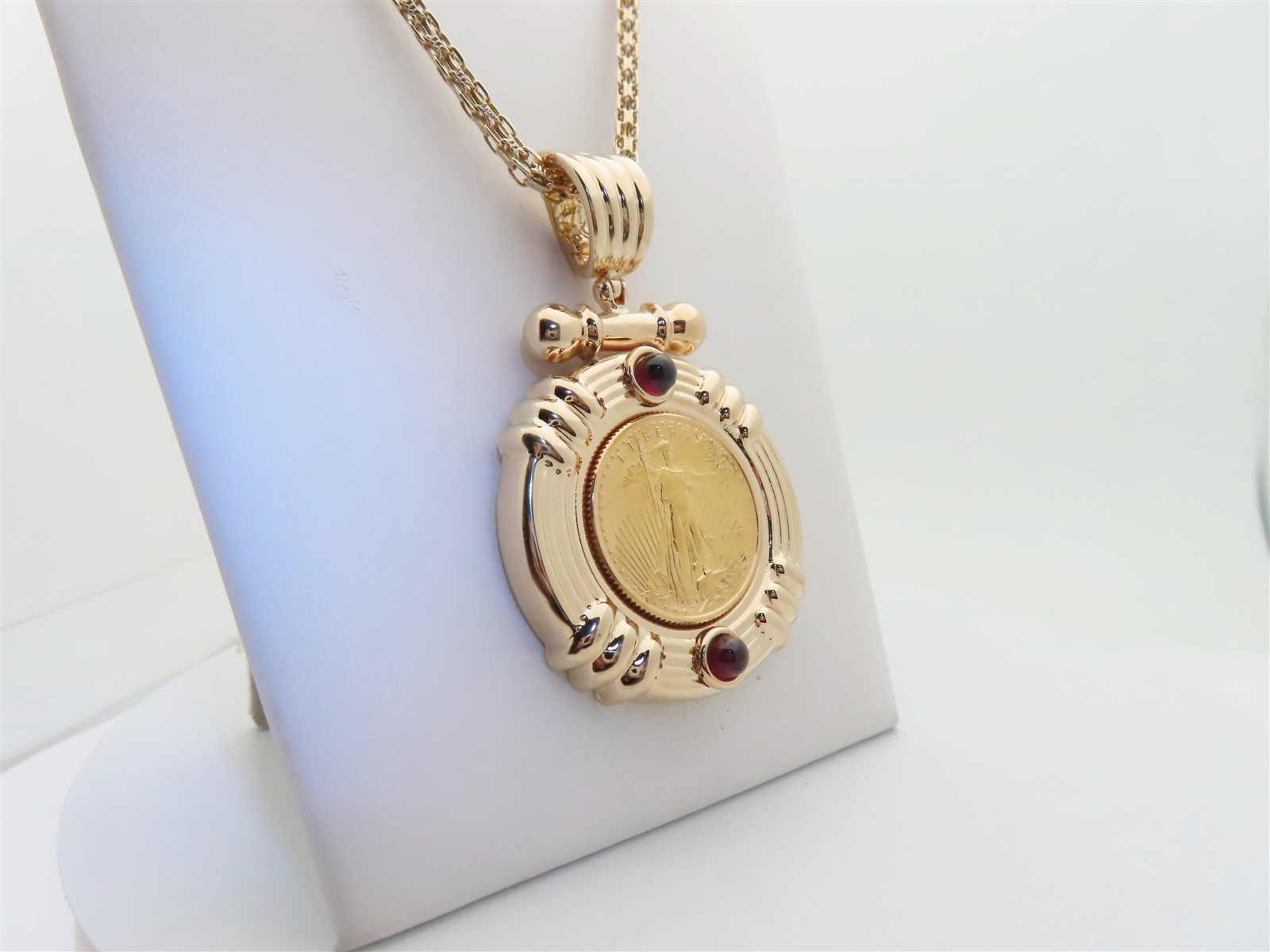 1997 Gold Eagle Coin Bullion Necklace $10 1/4 oz 14k Red Garnet Pendant 23″ N446