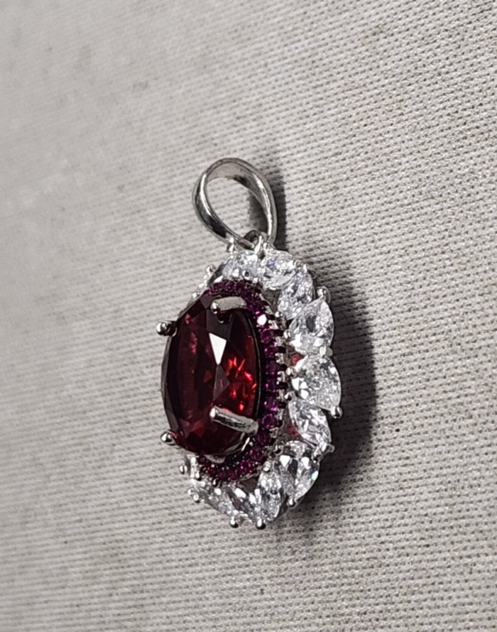 Garnet & Cubic Zirconia Sterling Silver Pendant 26mm