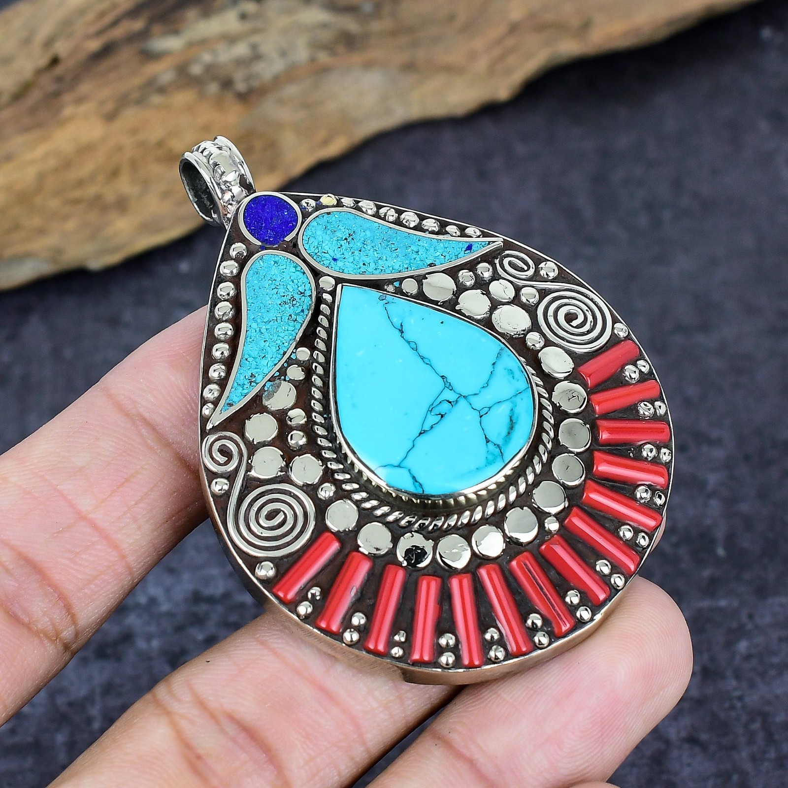 Turquoise, Coral Gemstone Handmade Jewelry 925 Sterling Silver Nepali Pendant
