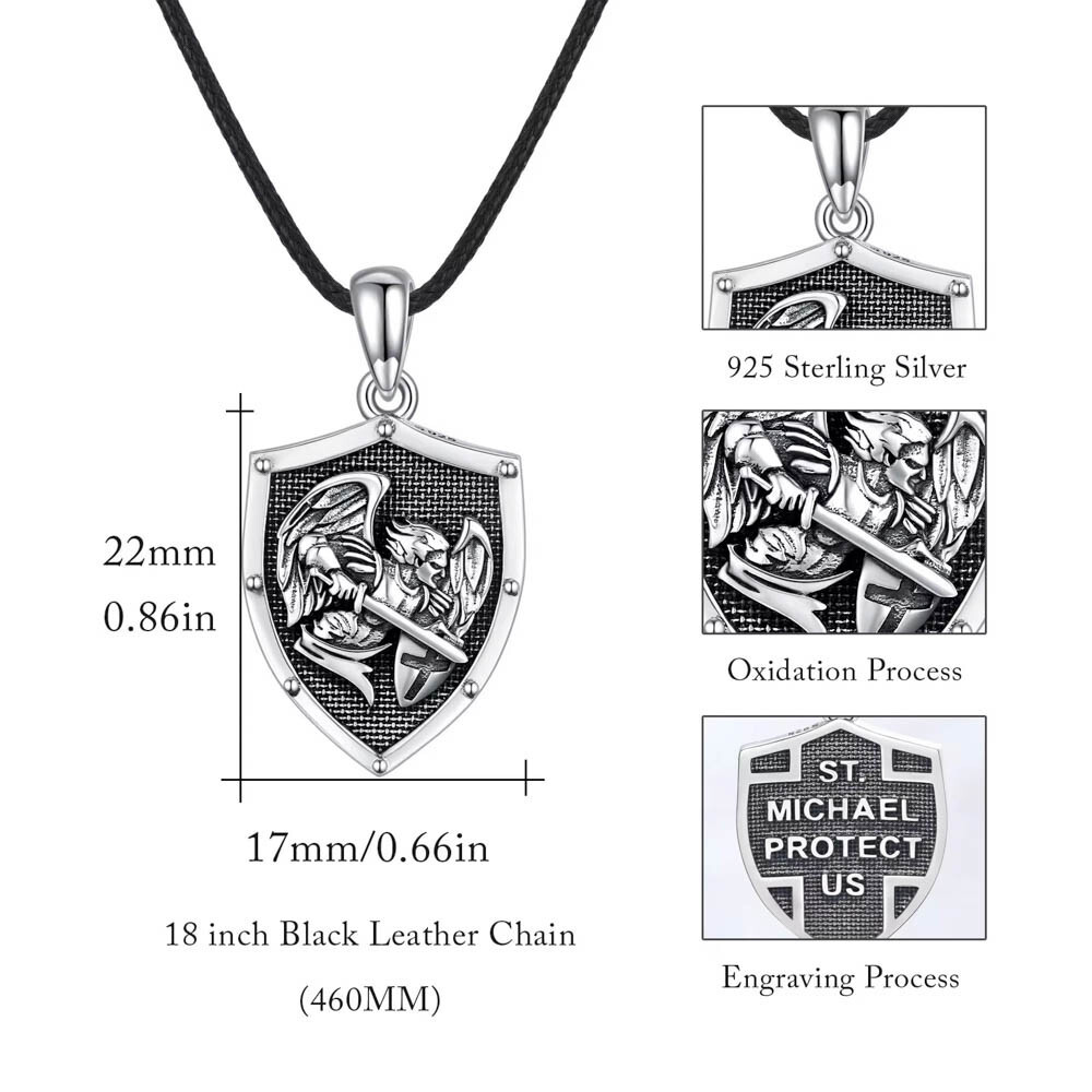 MLD 925 Sterling Silver Saint St Michael Shield Pendant Necklace w/ 22″ Cord
