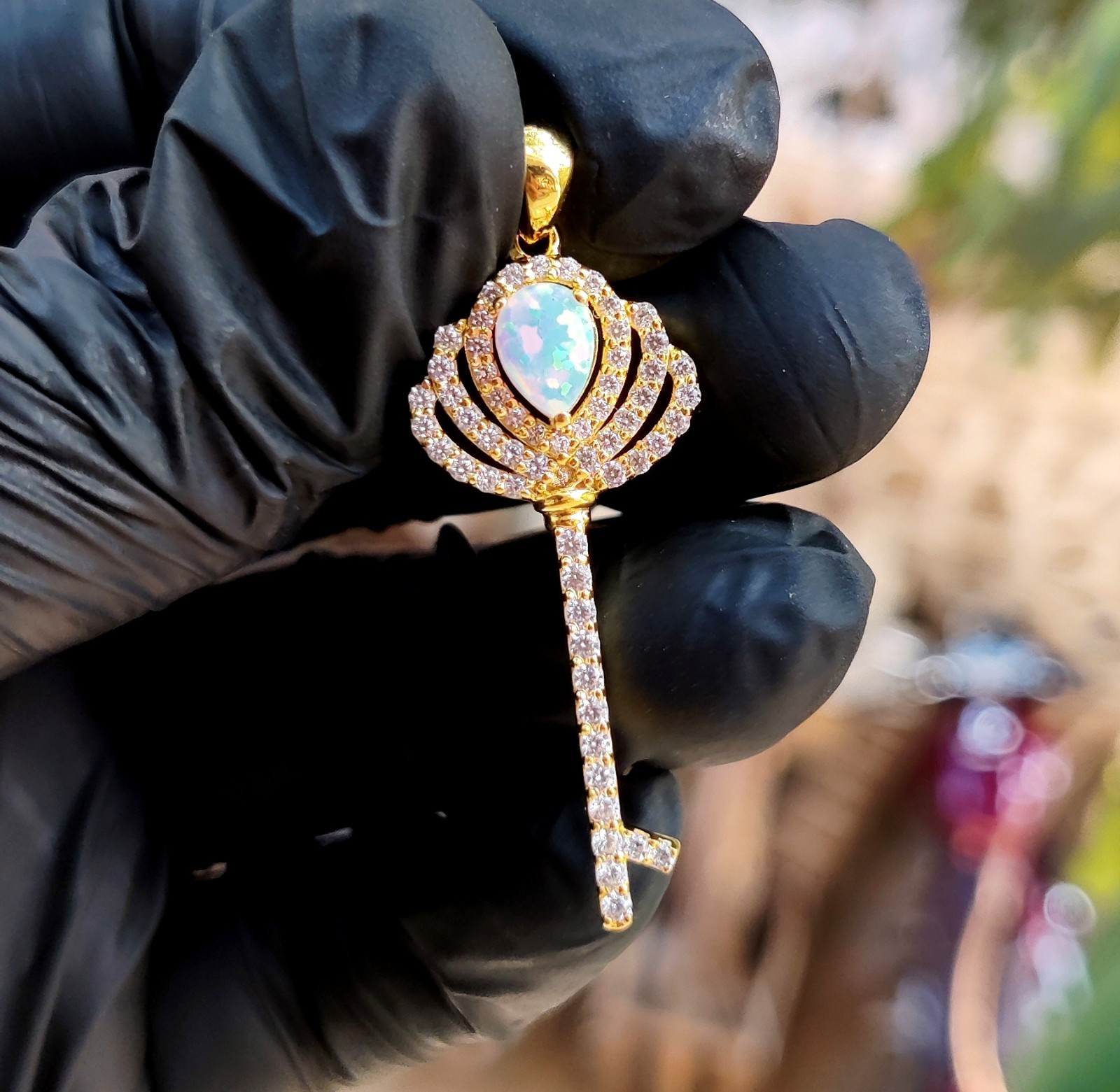 2Ct Pear Cut Lab Created Fire Opal Key Pendant 14K Yellow Gold Plated 925 Silver