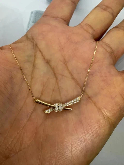 1.1Ct Round Cut Lab Created Diamond Bow Pendant 14K Yellow Gold Plated 18″ Chain