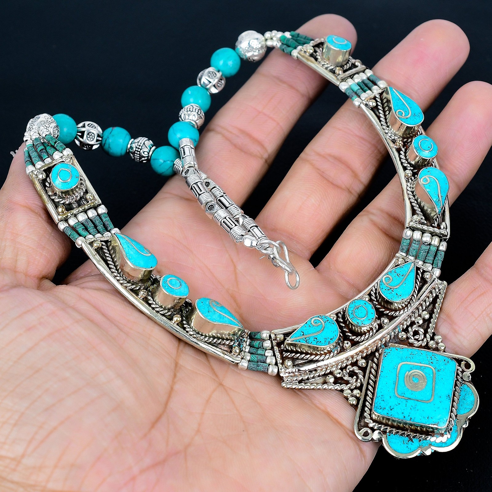 Turquoise Handmade 925 Sterling Silver Tibetan Nepalese Nepali Necklace 18″ J674