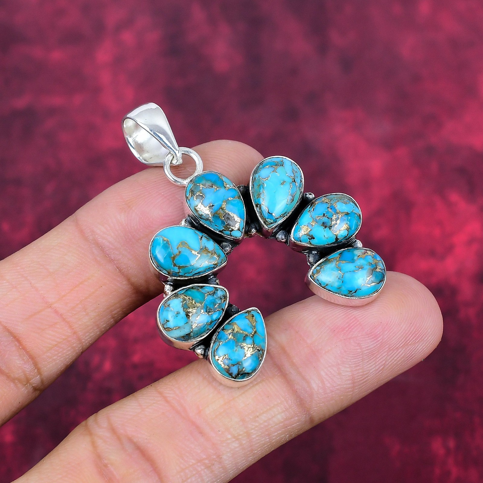 Blue Copper Turquoise Gemstone Handmade 925 Sterling Silver Pendant Jewelry