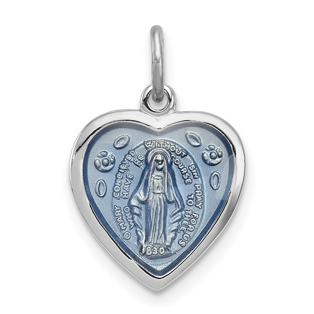 Sterling Silver w/ Blue Epoxy Miraculous Mary Medal in Heart Pendant 0.75 Inch