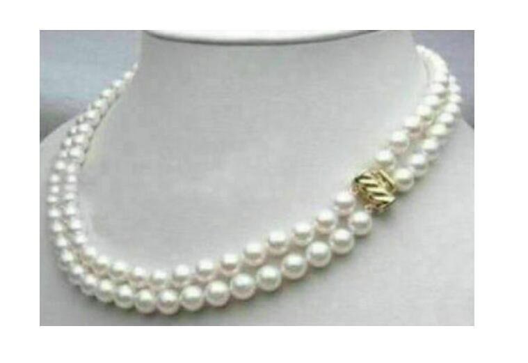 18″ Double strands AAAAA 7-8mm natural Akoya white pearl necklace 14K GOLD CLASP