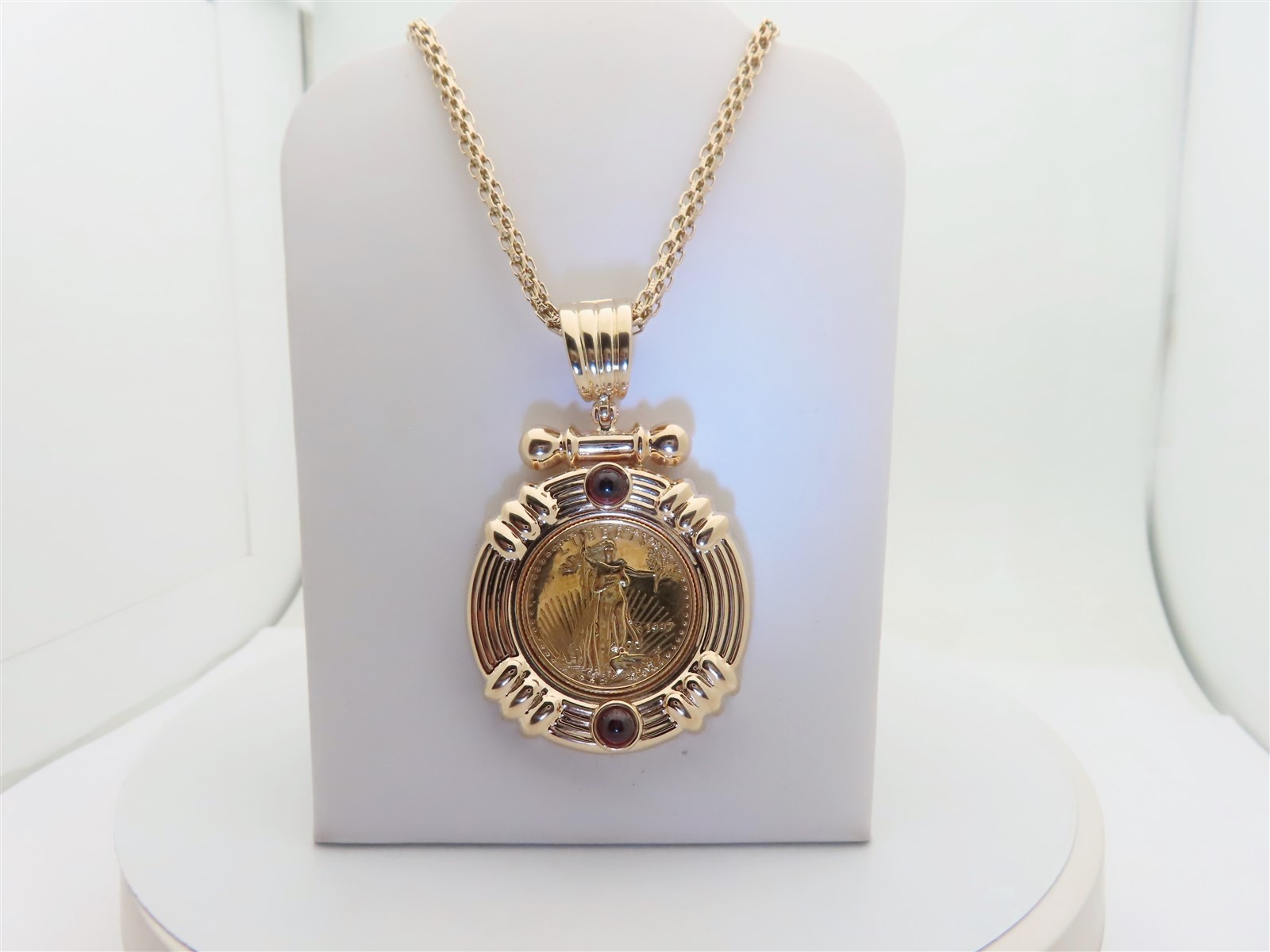 1997 Gold Eagle Coin Bullion Necklace $10 1/4 oz 14k Red Garnet Pendant 23″ N446