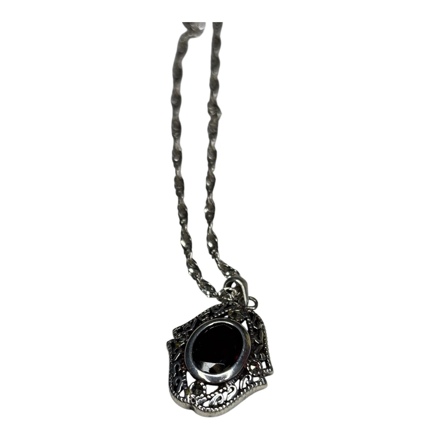 Sterling Silver 925 Garnet Red Marcasite Pendant Necklace Made In Italy Stamped