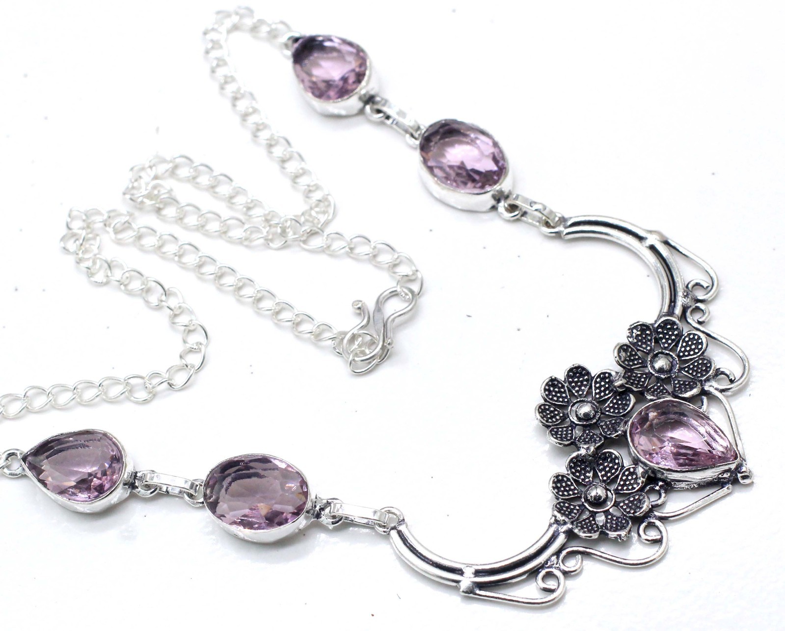 Pink Kunzite Gemstone Handmade 925 Sterling Silver Jewelry Necklace Size-18