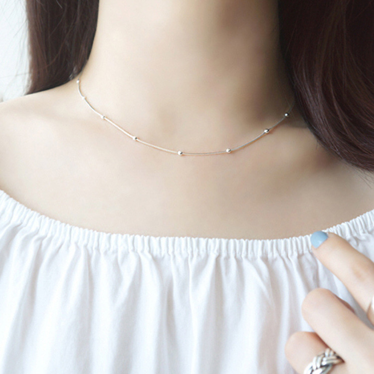 Woman Real S925 Sterling Silver Station Beaded Ball Necklace Snake Chain