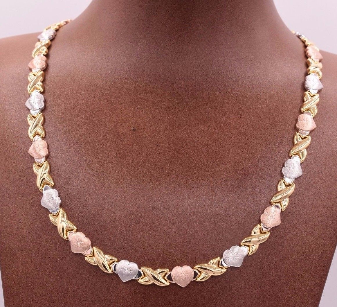 Diamond Cut Hearts Kisses Satin Necklace 14K Tricolor Gold-Plated Silver 925