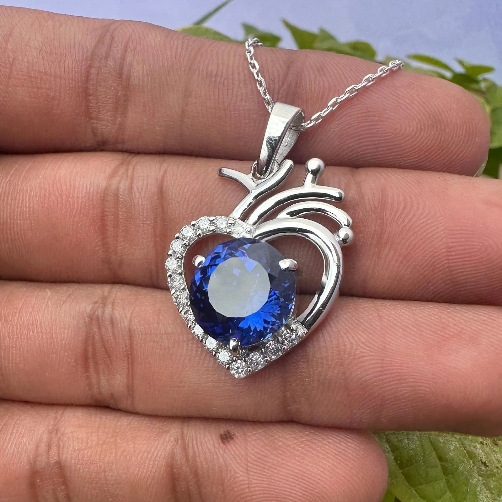 Certified Blue Sapphire 29 Ct Heart Pendant Necklace 925 Sterling Silver